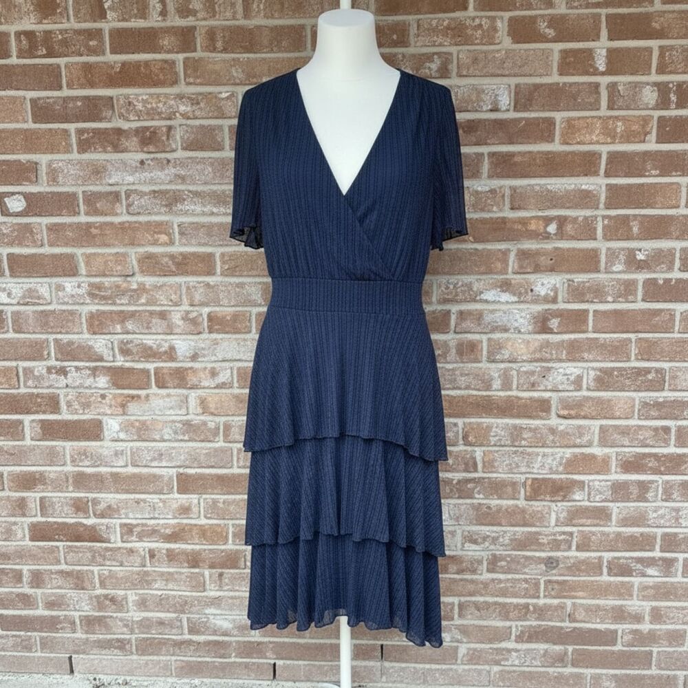 Siren Lily Navy Metallic Stripe Tiered Midi Dress Size 1X Plus